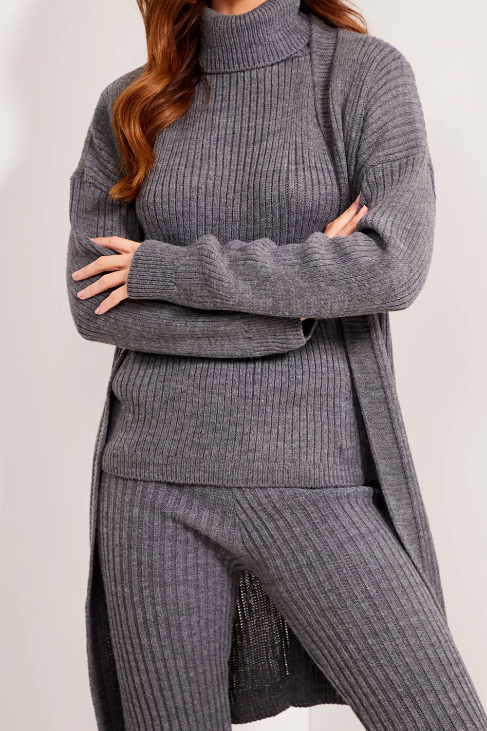 Ariannas Charcoal Roll Neck Knitted 3 Piece Loungewear Set