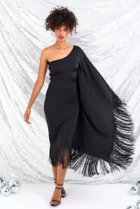 Black One Shoulder Fringe Dress