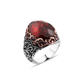 Ellipse Facet Cut Red Zircon Stone Silver Men's Ring with Wavy Pattern Around