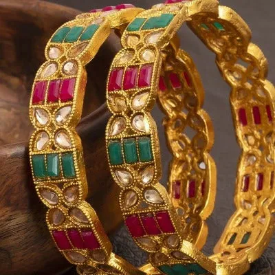 Gold Kundan Green Red Jadau Bangle Kada  ( Set of 2 )