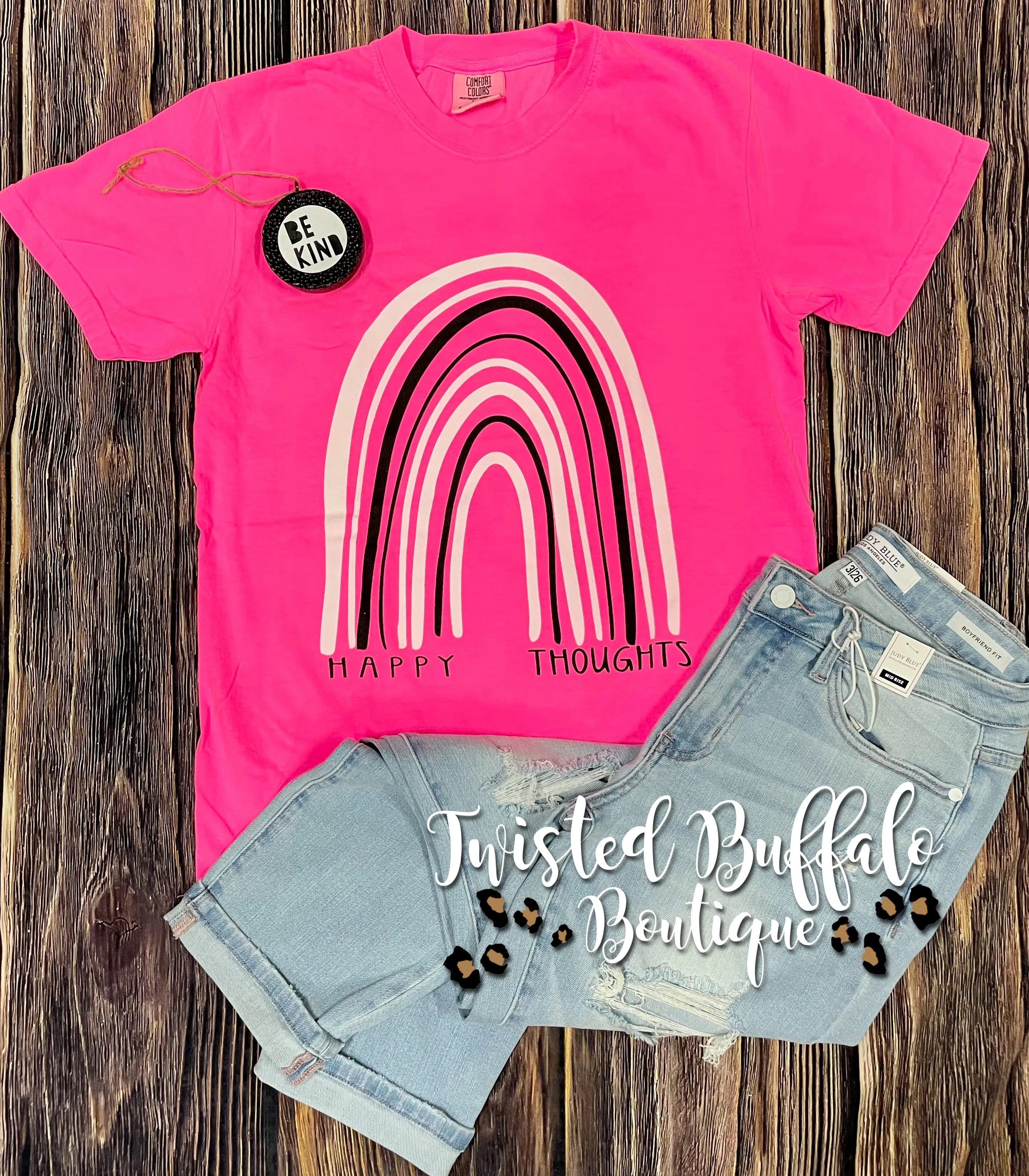 {HAPPY THOUGHTS} Rainbow Neon Pink Crew Neck Tee