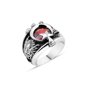 Moon and Star Around Red Facet Cut Zircon Stone with Claw Shape Silver Men's Ring Siding Ottoman Coat of Arms