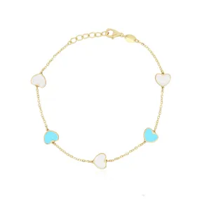 Mother of Pearl and Turquoise Mixed Heart Station Bracelet