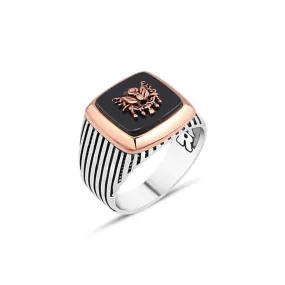 Ottoman Coat of Arms on Black Square Onyx Stone Silver Men's Ring with Stripe Pattern