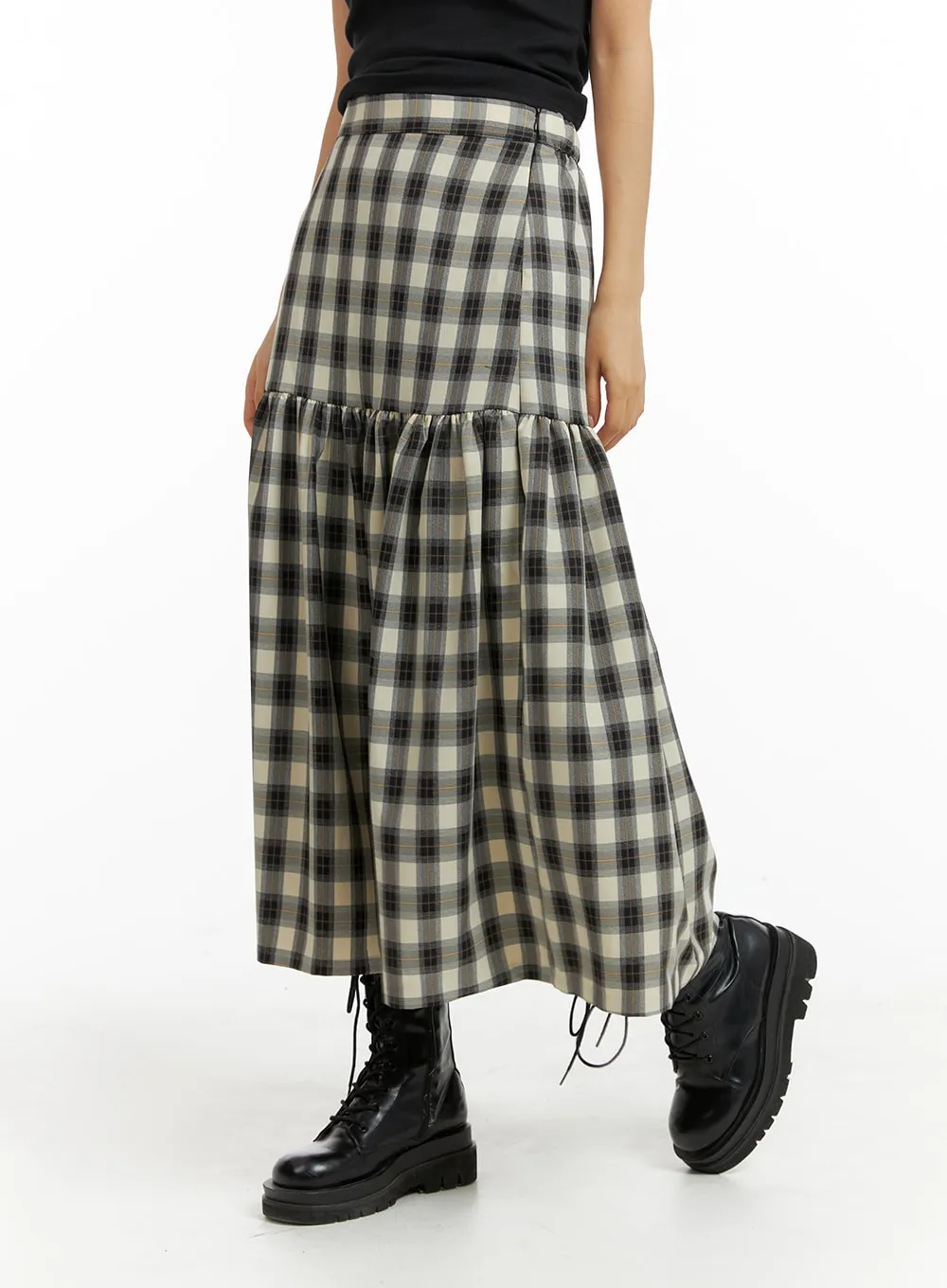 Plaid Flare Maxi Skirt IM404