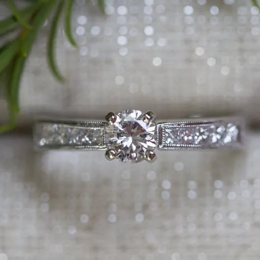 Reclaimed Vintage Diamond Milgrain Engagement Ring -  Channel Set Princess Diamond Band   - Fine Bridal by Anueva Jewelry