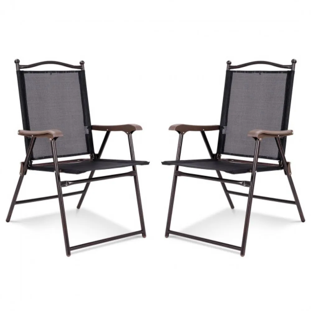 Set of 2 Patio Folding Sling Back Camping Deck Chairs-Brown