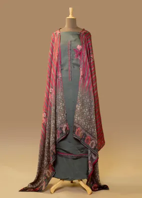 Stylish Grey Satin Georgette Party Suit with Multicolor Bead Work & Digital Dupatta